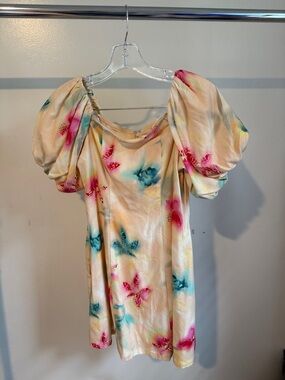 Floral Puff-Sleeve Mini Dress in Cream with Pink & Teal Accents